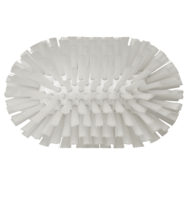 Oval white cleaning brush with bristles.